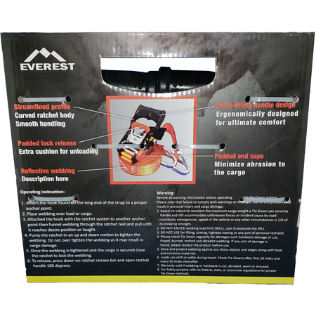 Everest 1.5"x15Ft 1100 LBS WORKING LOAD LIMIT REFLECTIVE RATCHET TIE DOWN 2PK E25151